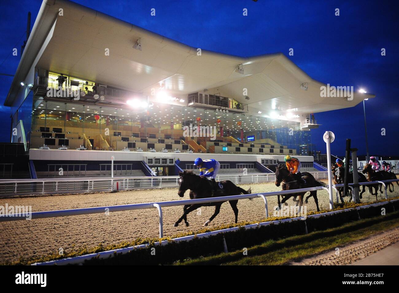 General view of runners and riders in the Craic At The Track This Weekend Handicap in front of empty stands, the first fixture in Ireland to be ran behind closed doors due to the coronavirus. Stock Photo