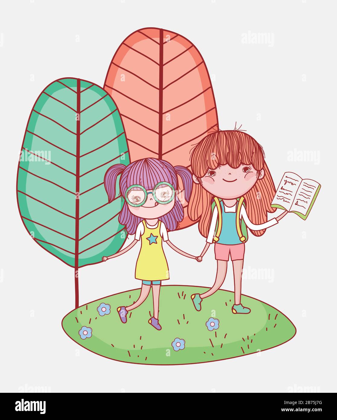 little girls holding hands with book in outdoor vector illustration Stock Vector