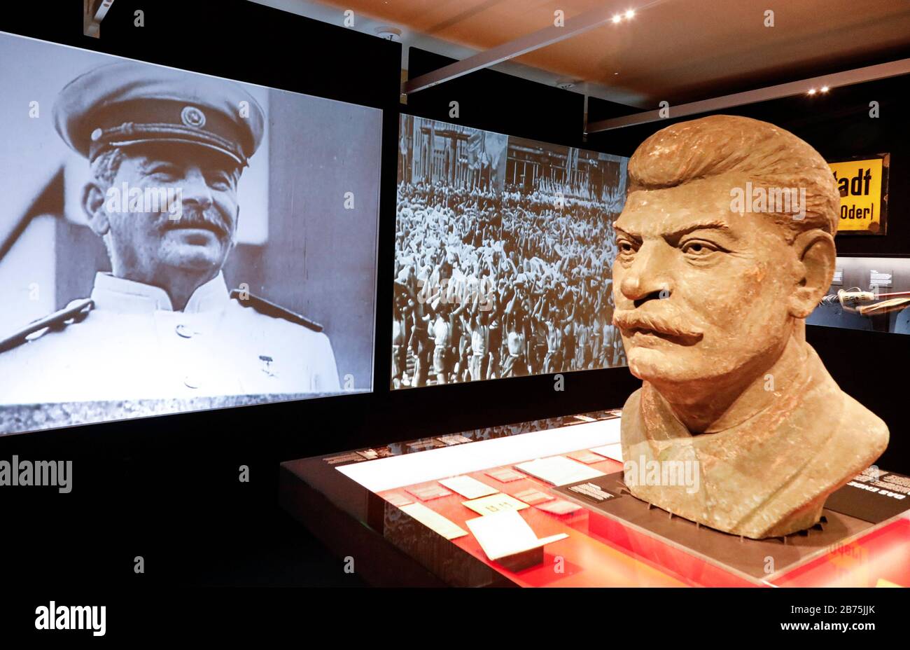 A bust of Stalin in the exhibition 'The Red God - Stalin and the Germans' at the Hohenschoenhausen Memorial on 30.01.2018. The exhibition illustrates the personality cult around the Soviet dictator in the GDR and shows many objects of the Stalin cult. [automated translation] Stock Photo