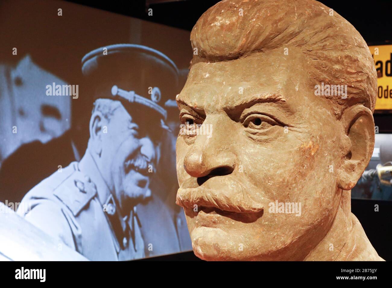 A bust of Stalin in the exhibition 'The Red God - Stalin and the Germans' at the Hohenschoenhausen Memorial, 30.01.2018. The exhibition illustrates the personality cult around the Soviet dictator in the GDR and shows many objects of the Stalin cult. [automated translation] Stock Photo