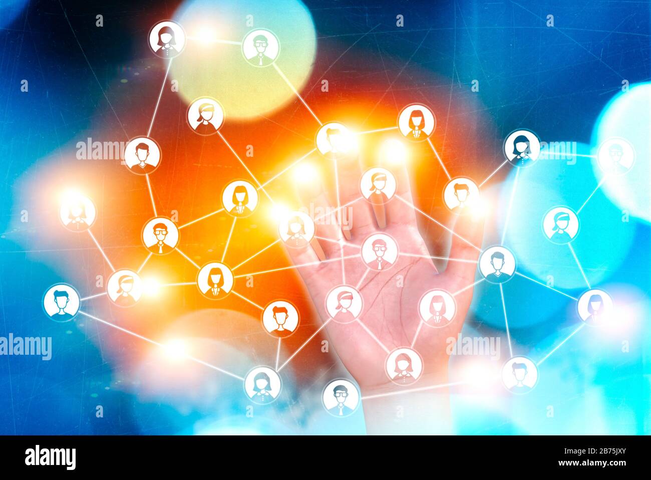 Social networks, online friendships, people contacts, followers. HUD, holograms. Internet connections. Network and contacts, corporate network Stock Photo