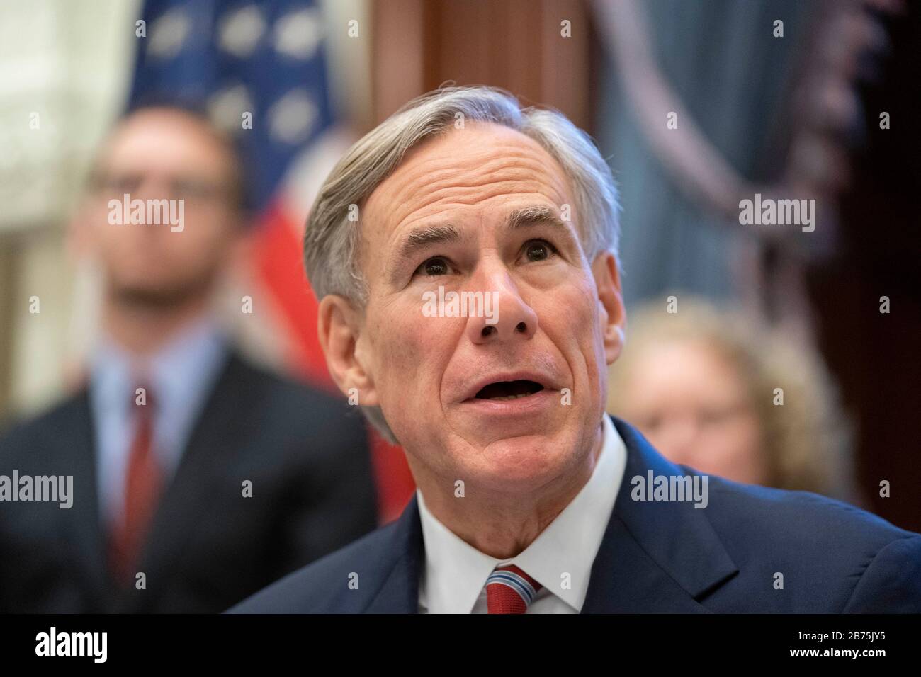 Texas, USA. 13th March, 2020. Texas Gov. Greg Abbott declares a "state of disaster" in the state during a press conference at his Capitol office in Austin as Texas braces for an onslaught of coronavirus cases.Later in the day, Pres. Donald Trump declared a national emergency while the United States continues to battle spread of the virus. Credit: Bob Daemmrich/Alamy Live News Stock Photo