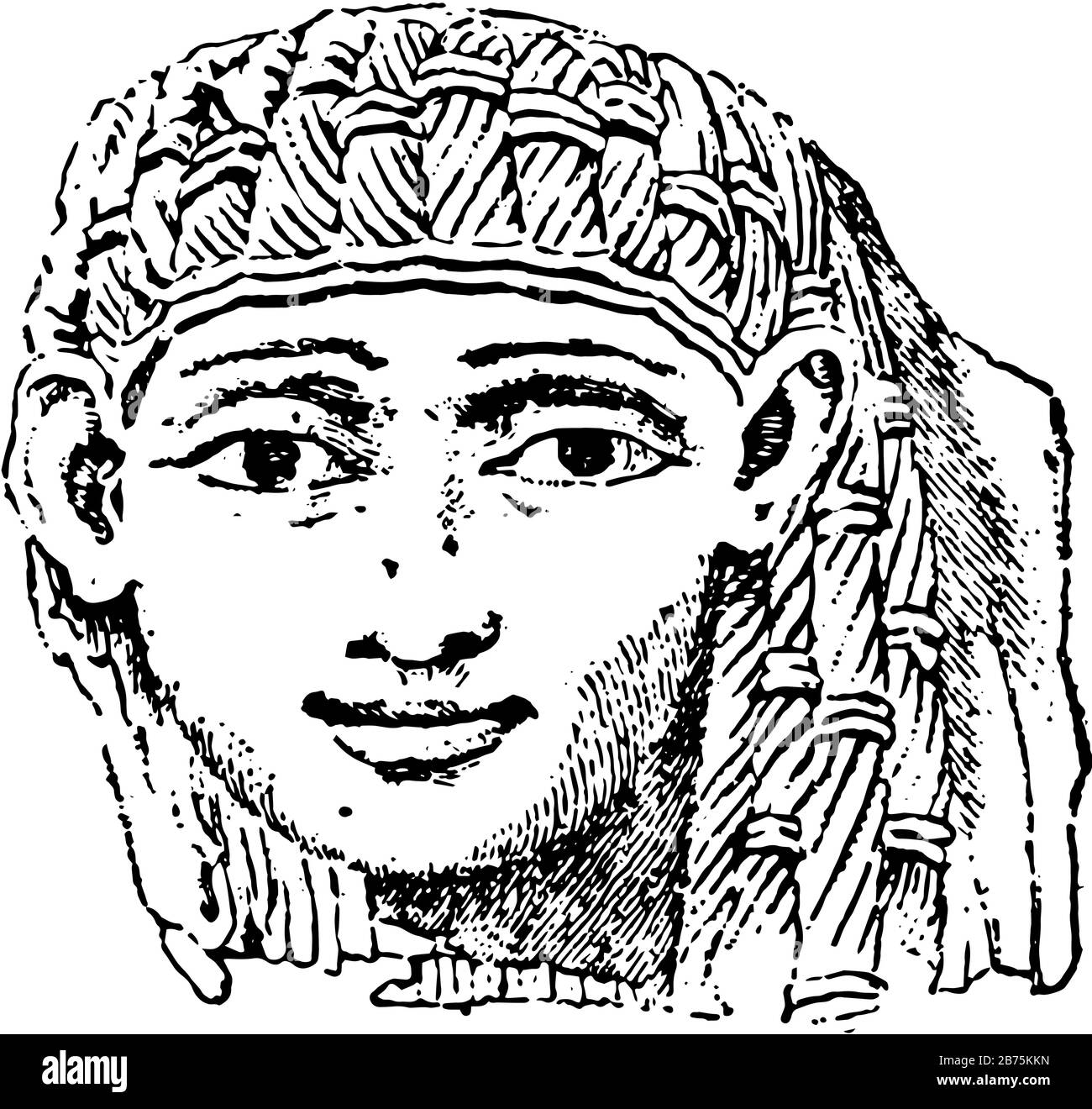 Ivory Carving, Female head in high relief, Nineveh collection, it is using sharp cutting tools, vintage line drawing or engraving illustration. Stock Vector