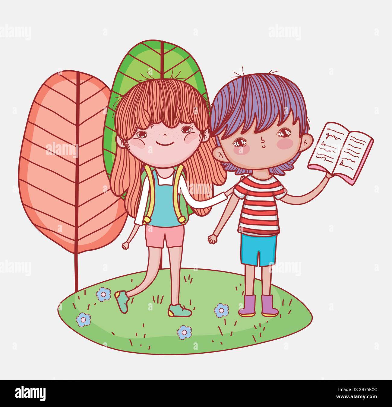 Little Girl With Backpack And Boy Reading Book Outdoor Cartoon Vector Illustration Stock Vector Image Art Alamy