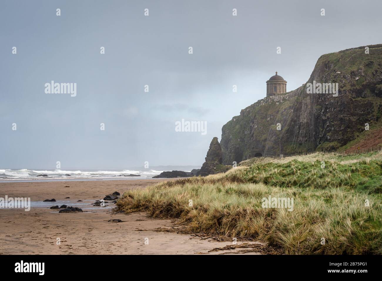 Mussenden Temple on the top of sea cliffs at Downhill beach in Northern Ireland Stock Photo