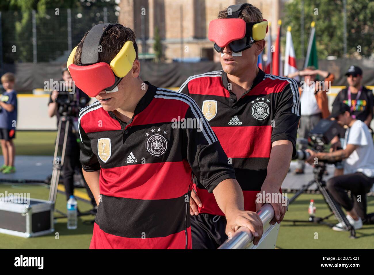 Germany, Berlin, 23.08.2017. European Championship of the International Blind Sport Federation (IBSA) in the stadium at Anhalter Bahnhof on 23.08.2017. The German players Jonathan Toensing (left) and Taimes Kuttig at the game Germany:England. [automated translation] Stock Photo