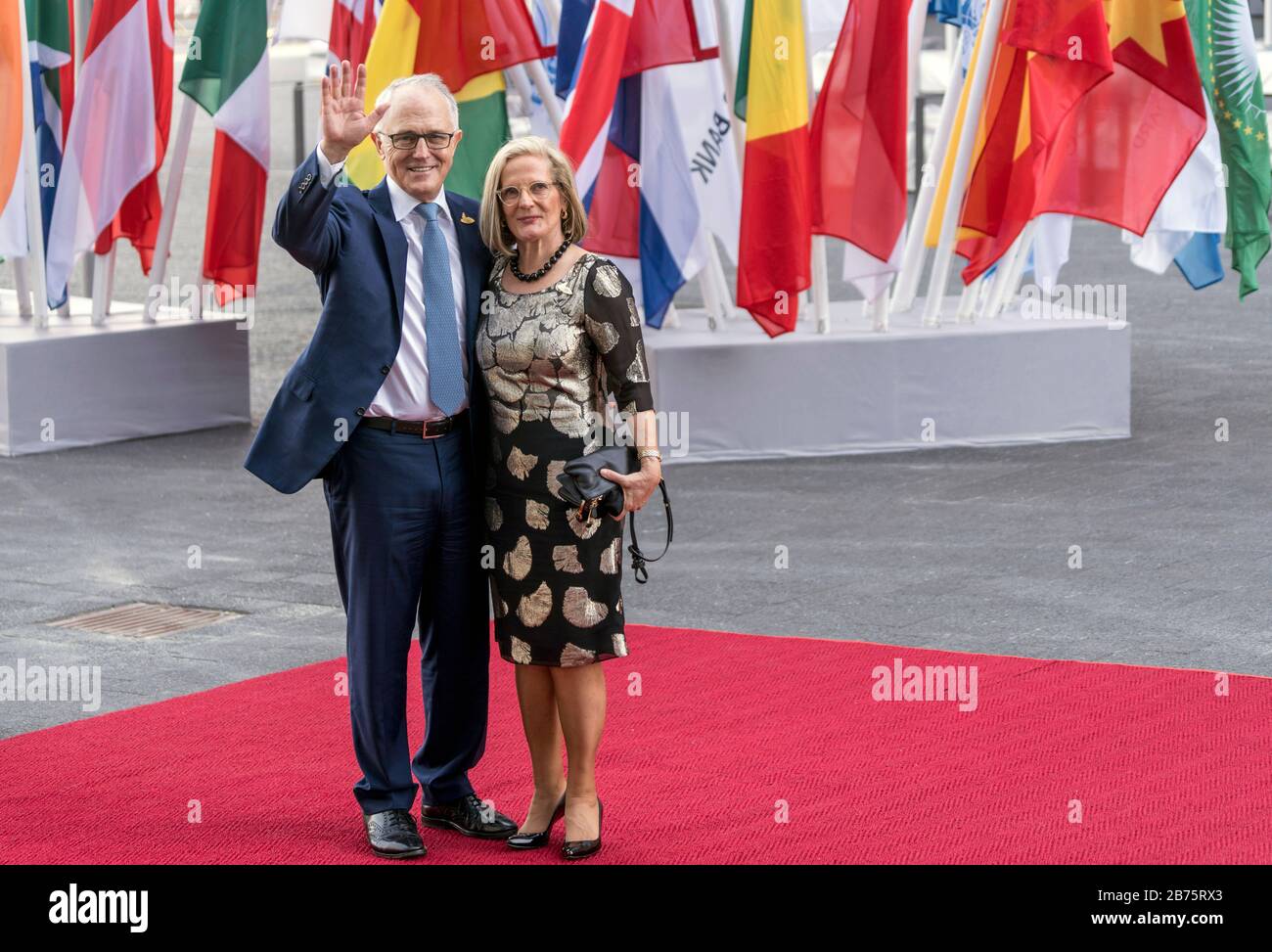 Germany, Hamburg, 07.07.2017. G-20 summit in Hamburg on 07.07.2017. Arrival of the heads of government at the Elb-Philharmonie on 07.07.2017. Malcolm Turnbull (left), Prime Minister of Australia and Lucy Turnbull, First Lady. [automated translation] Stock Photo