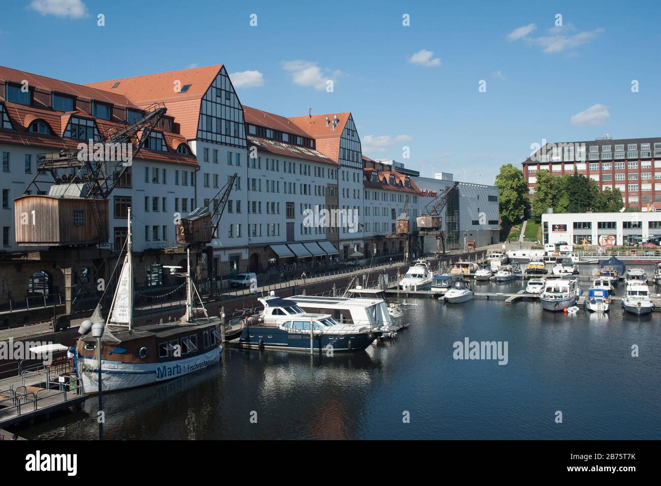 14.06.2017, Berlin, Germany, Europe - View of the former warehouse and cranes at Tempelhofer Hafen. [automated translation] Stock Photo