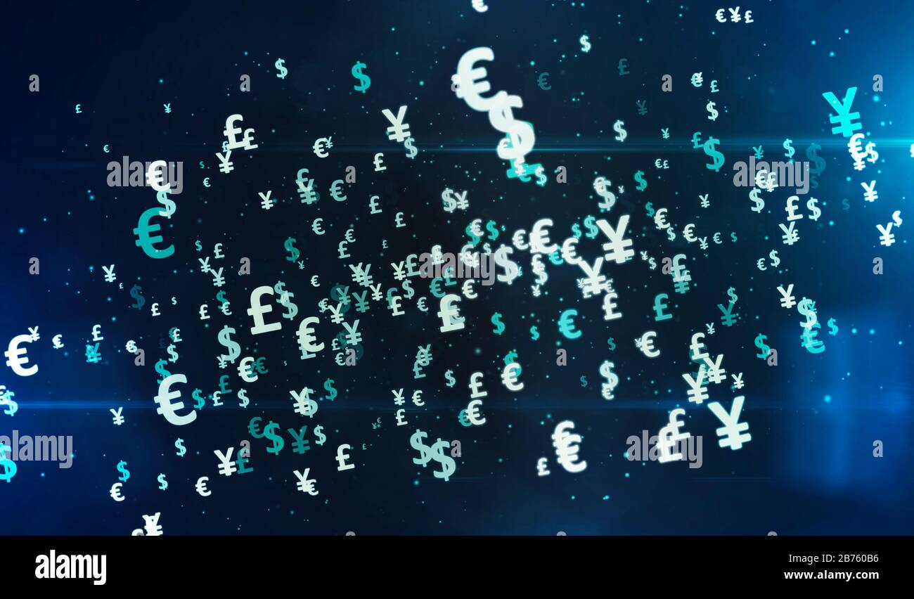 Money symbols. Dollar, Euro, Yen and Pound currency icons flying 3d ...