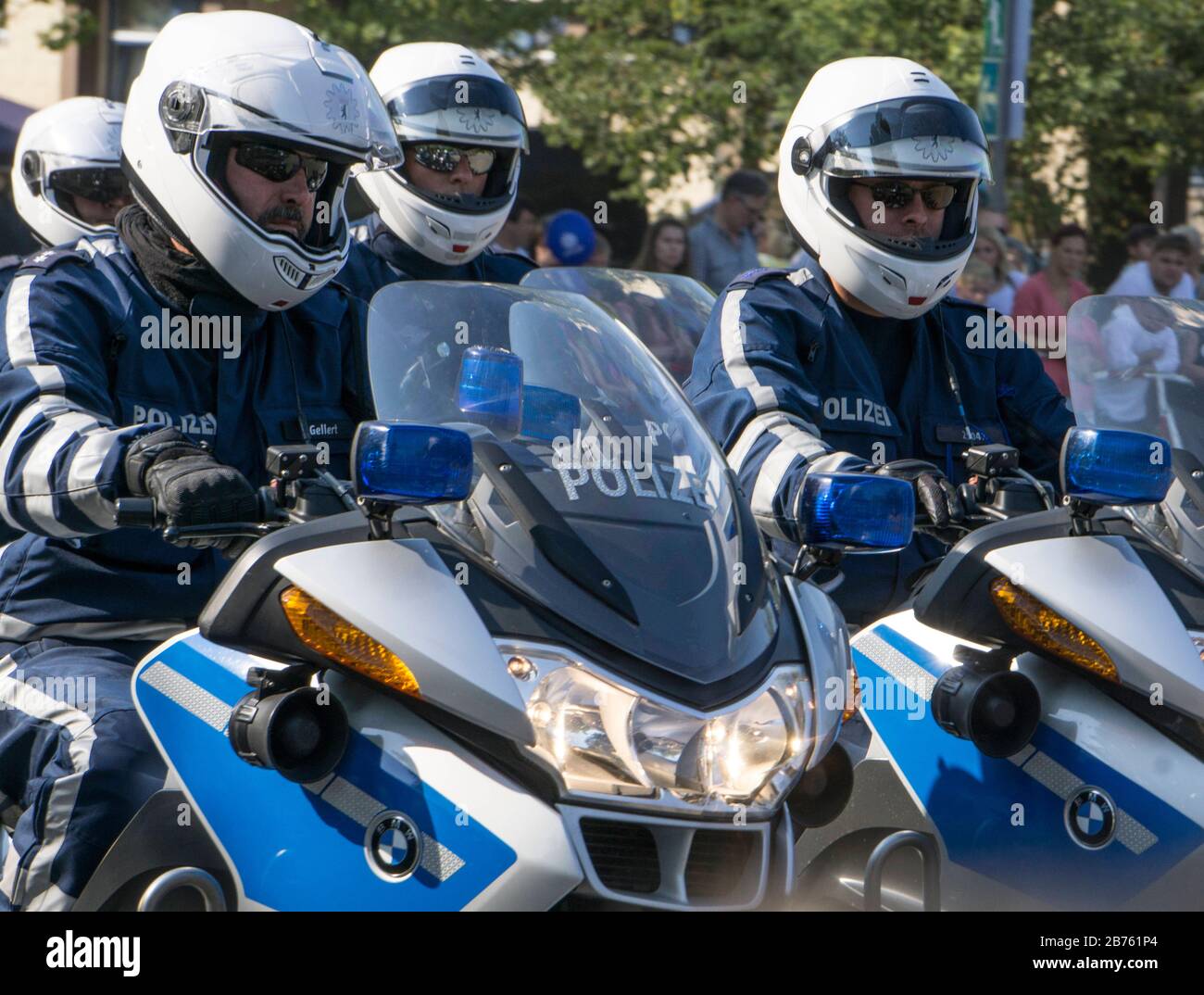 Berlin police officers will ride BMW motorcycles during a convoy ride at the open day of the Berlin police on 11.09.2016. The motorcycle squad will be used in traffic services and as escort during state visits. [automated translation] Stock Photo