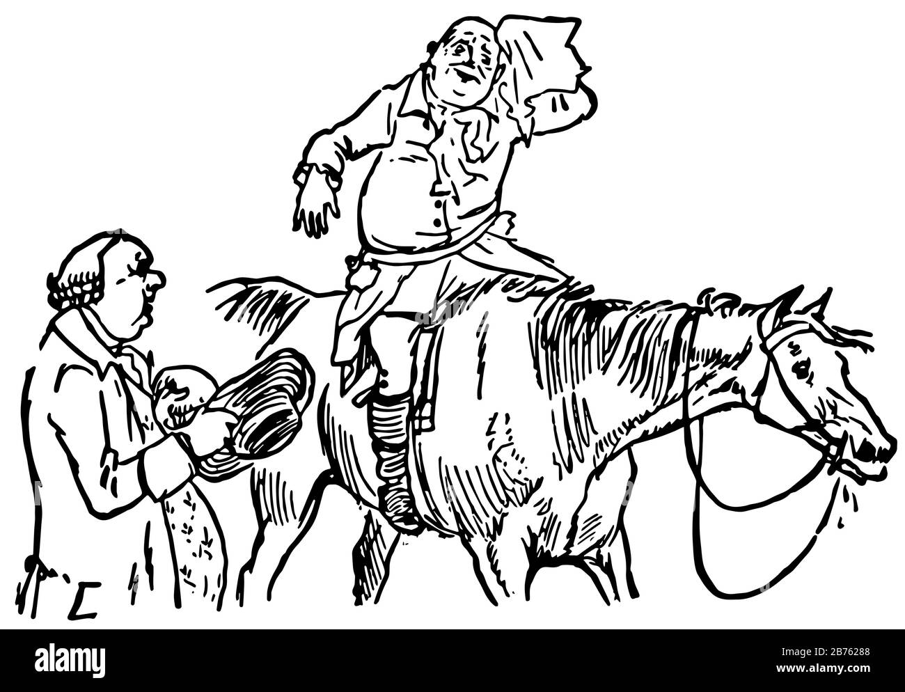 John Gilpin, this scene shows a man sitting on horse and wiping head, another man holding hat of him in hand standing near horse, vintage line drawing Stock Vector