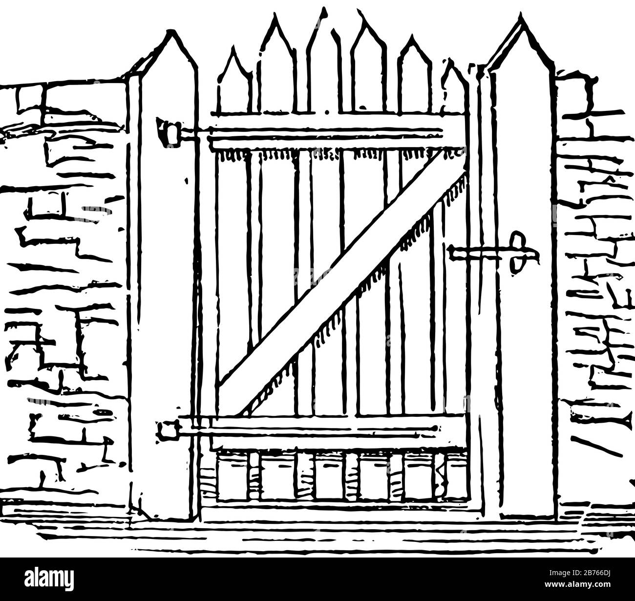 Gate, grame, timber, passageway, yett, port, vintage line drawing or engraving illustration Stock Vector