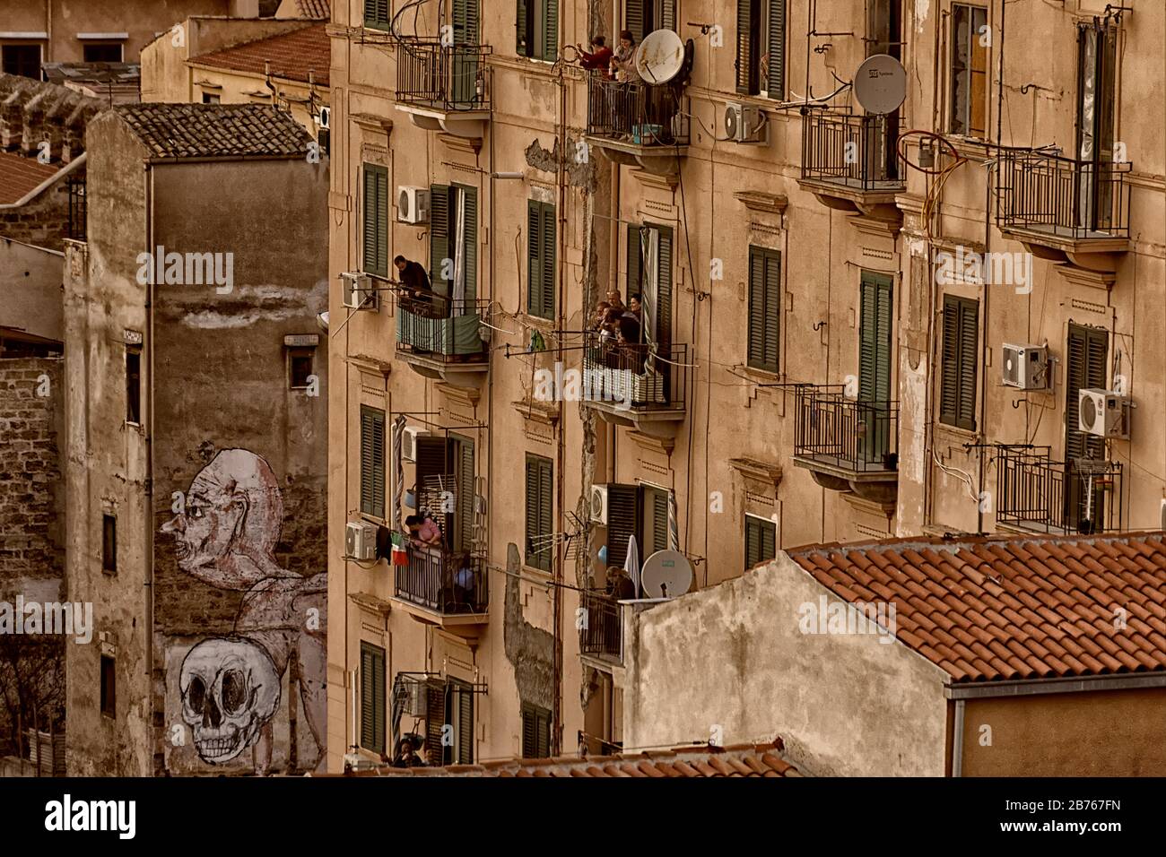 Balcony community in Palermo suburb during COVID-19 pandemic crisis March 2020 Stock Photo