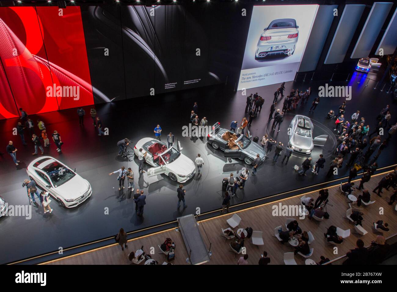 Visitors of the 66th IAA Cars Frankfurt/Main will have a look at the latest Mercedes models at the Mercedes Benz booth on 16.09.2015. [automated translation] Stock Photo