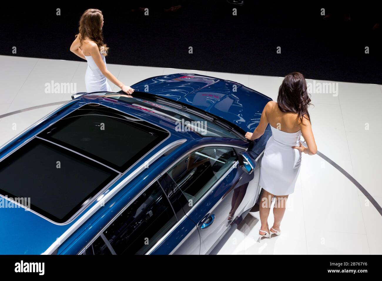 Hostesses will stand next to a Skoda during the 66th IAA car on 16.09.2015 at the Skoda booth. [automated translation] Stock Photo