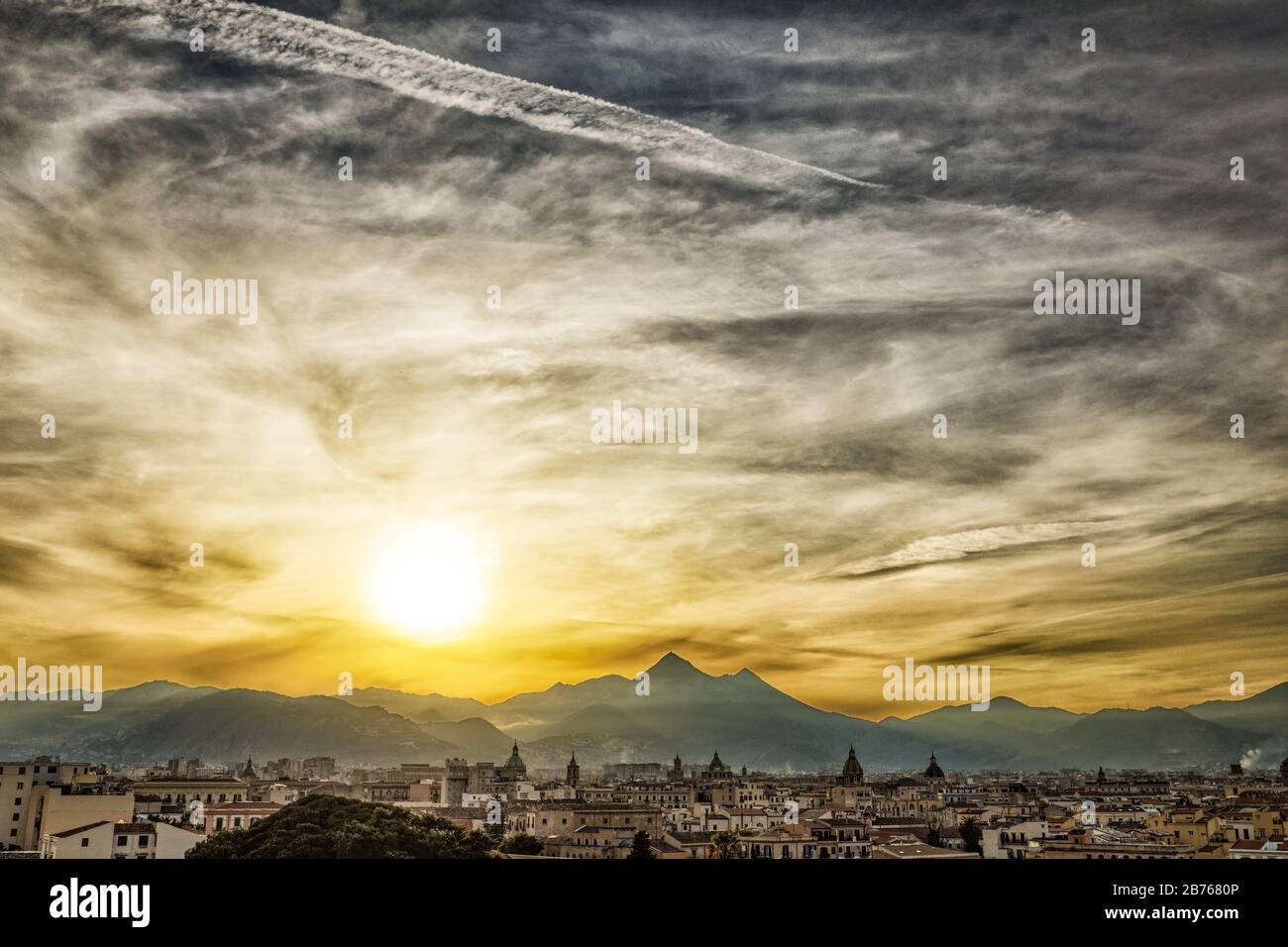 Palermo Sicily, Sunset with atmospheric sky Stock Photo
