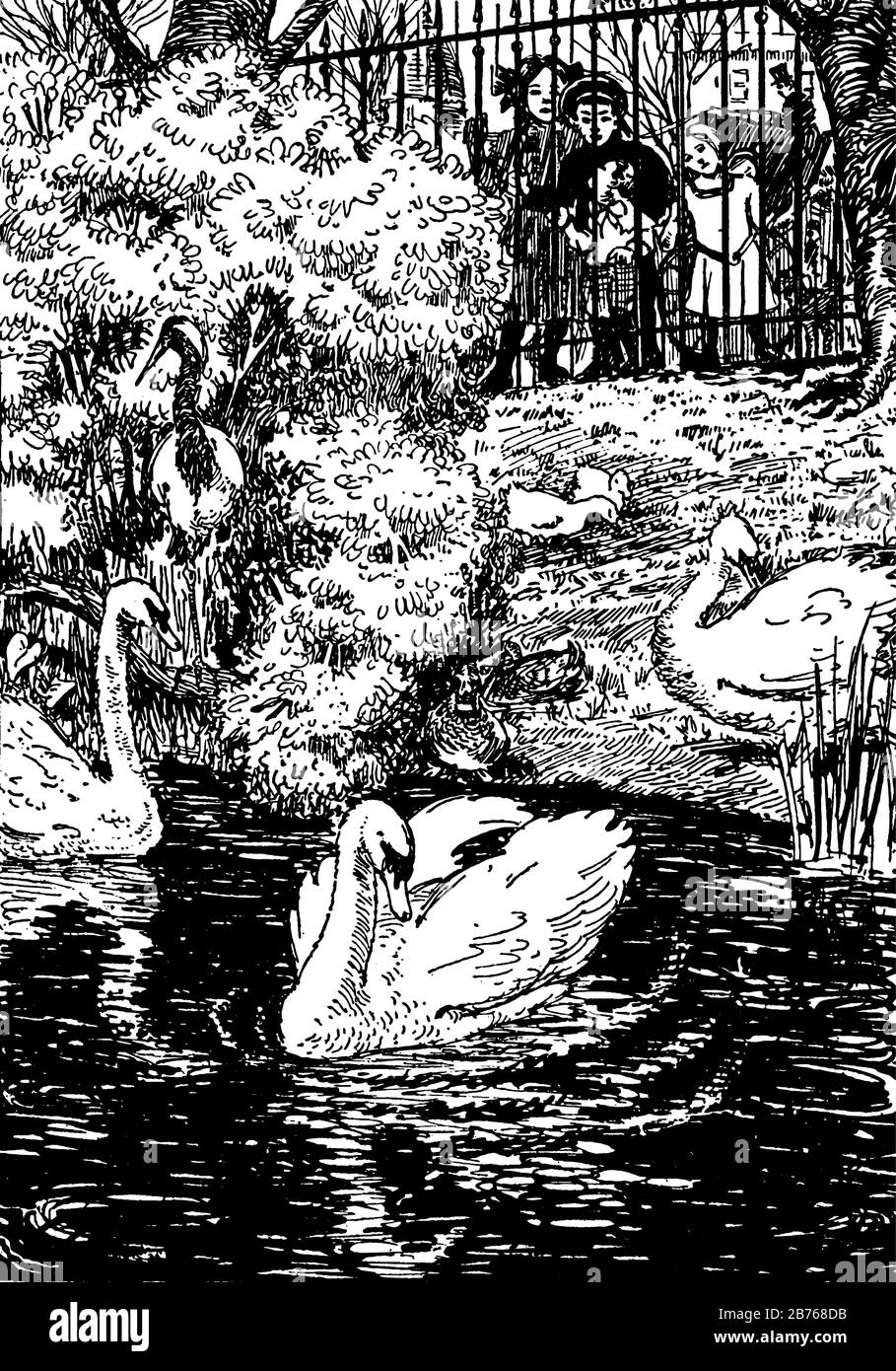 Three children looking at ducks in the water, vintage line drawing or ...