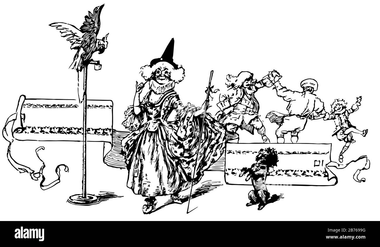 Godmother, this scene shows Godmother walking on road, and cock sitting