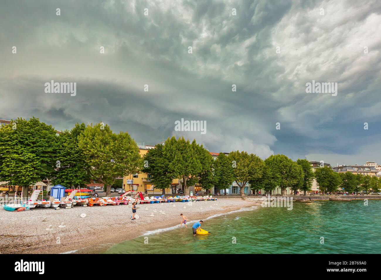 August 12 2019, Desenzano del Garda, Lombardy, Italy - Severe weather with thunderstorms, heavy rain showers and strong winds develop rapidly at Desen Stock Photo