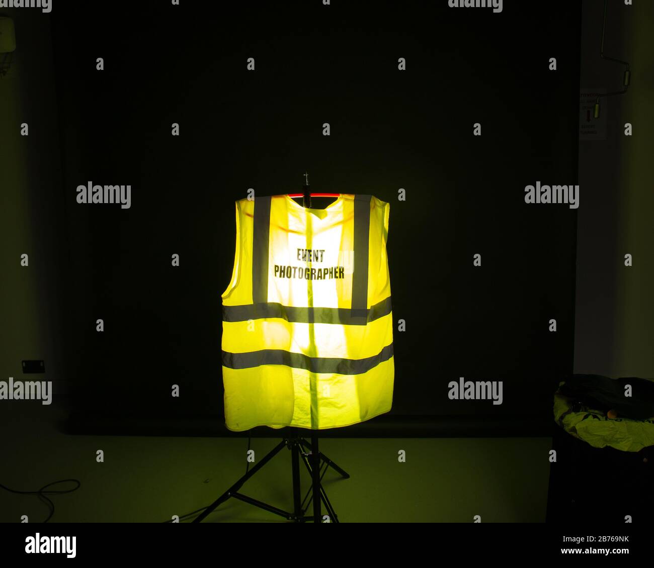 Product photography featuring a high vis jacket with a  diffuser and lit colour jacket Stock Photo