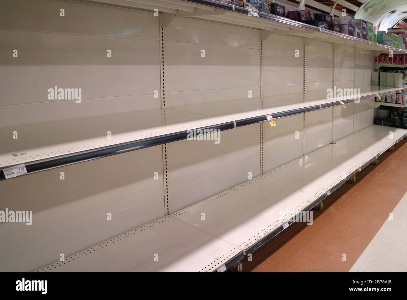 Empty shelves in a supermarket in Quebec City as people panic buy in response to the Covid-19 hysteria. Stock Photo