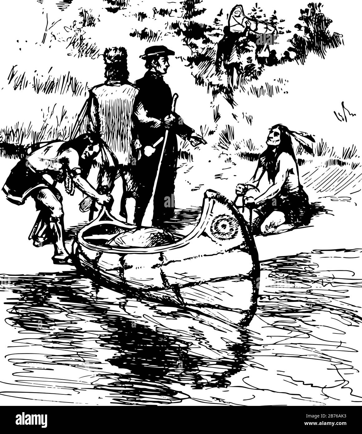 Pere Marquette, this scene shows a man pulling a boat from water on shore and two men with oars standing near him, another man sitting near them, vint Stock Vector