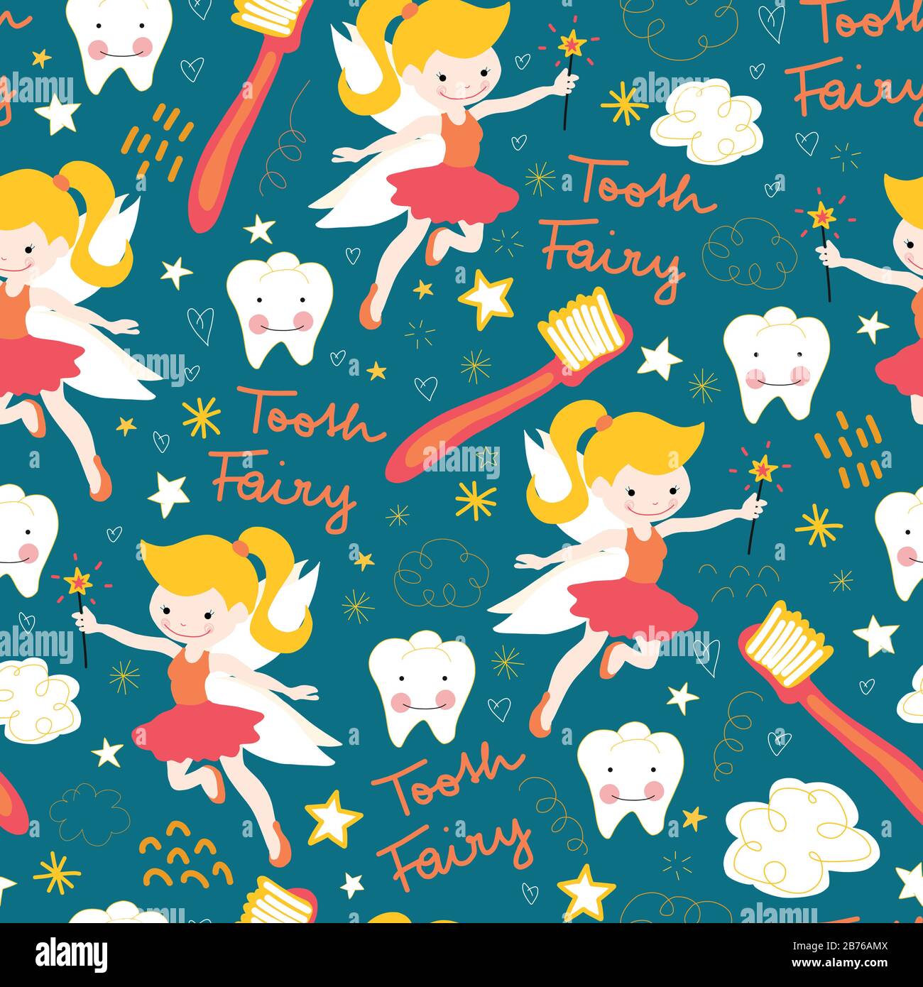 Seamless vector pattern Tooth fairy. Cute fairies with wand on blue background with teeth, toothbrush, stars and clouds. Repeating backdrop for kids Stock Vector