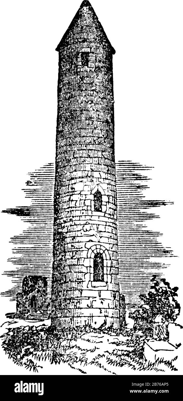 Round Tower is located in Devenish, Ireland, early medieval stone towers, two Irish-style, vintage line drawing or engraving illustration. Stock Vector