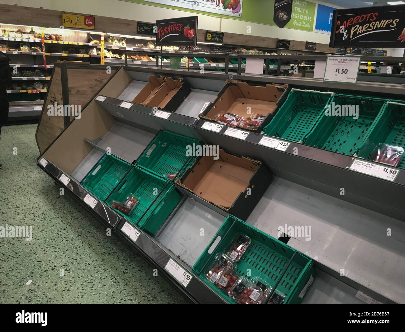 Glasgow, Scotland, 13th March 2020. Empty supermarkets shelves due to people panic buying and stockpiling foods ahead of the expected upturn in cases of Coronavirus Covid-19, in Glasgow, Scotland. Photo credit: Jeremy Sutton-Hibbert/ Alamy Live News. Stock Photo