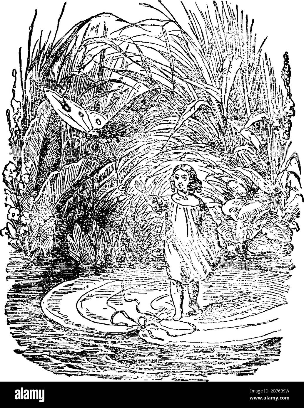 A little girl standing on leaf floating upon water and leaf tied to