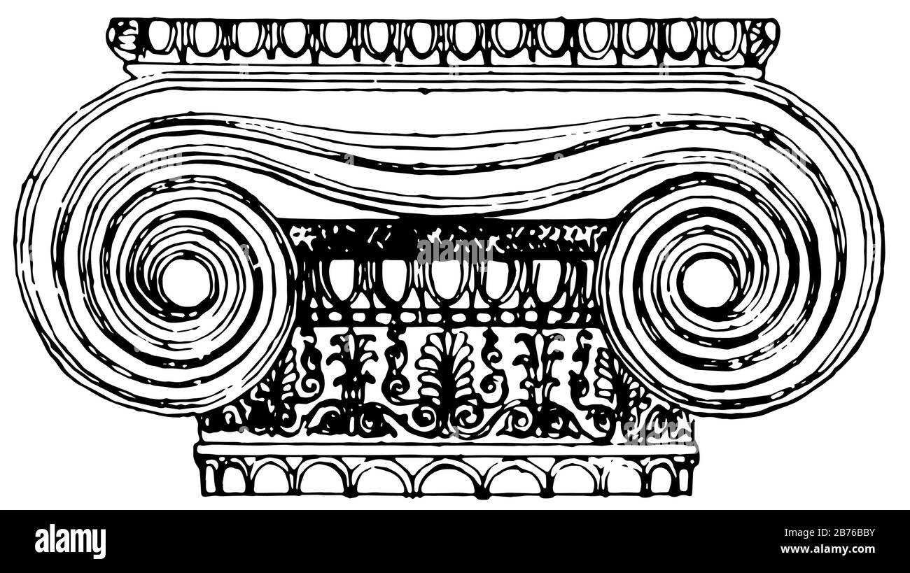 Ionic Capital, from the Erechtheion,  Design and construction, The Erechtheion or Erechtheum, vintage line drawing or engraving illustration. Stock Vector
