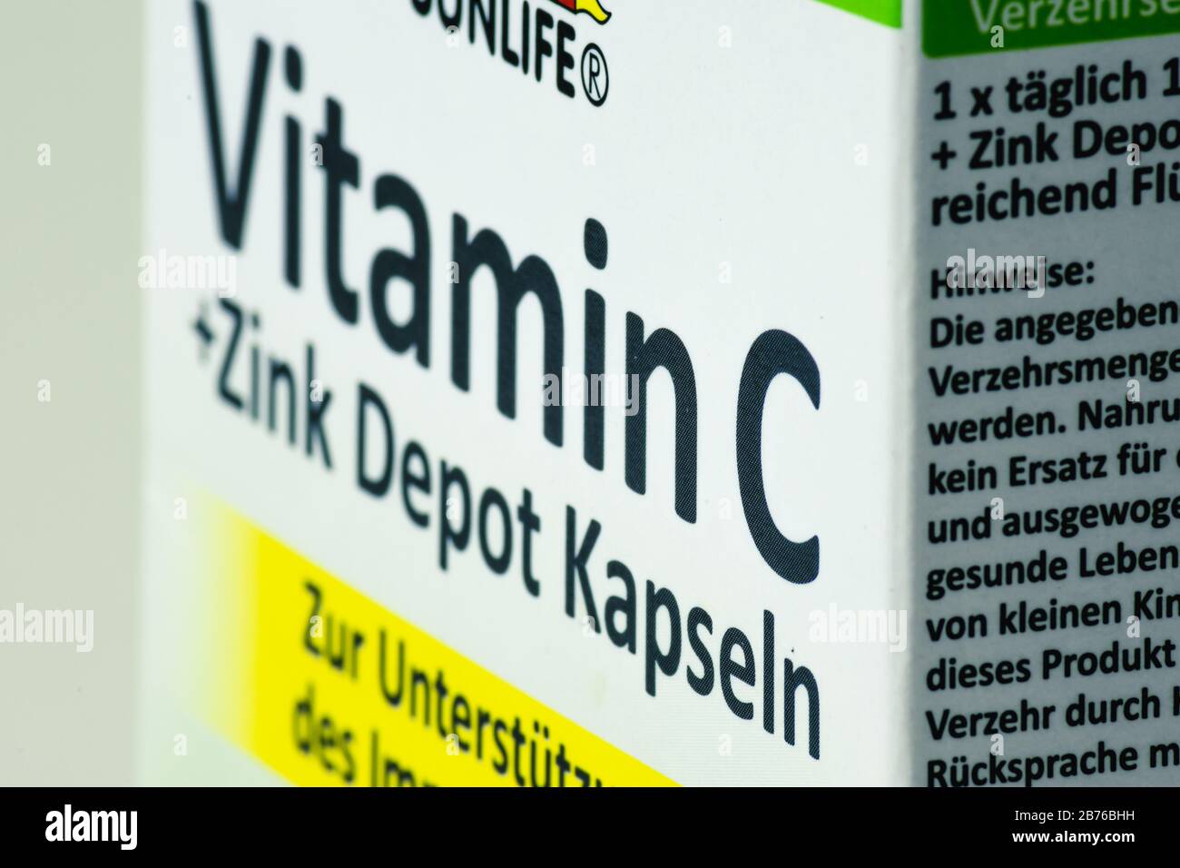 Vienna / Austria / March 12 , 2020: Vitamin C medicine in big box written in german, medicine anti flu Stock Photo
