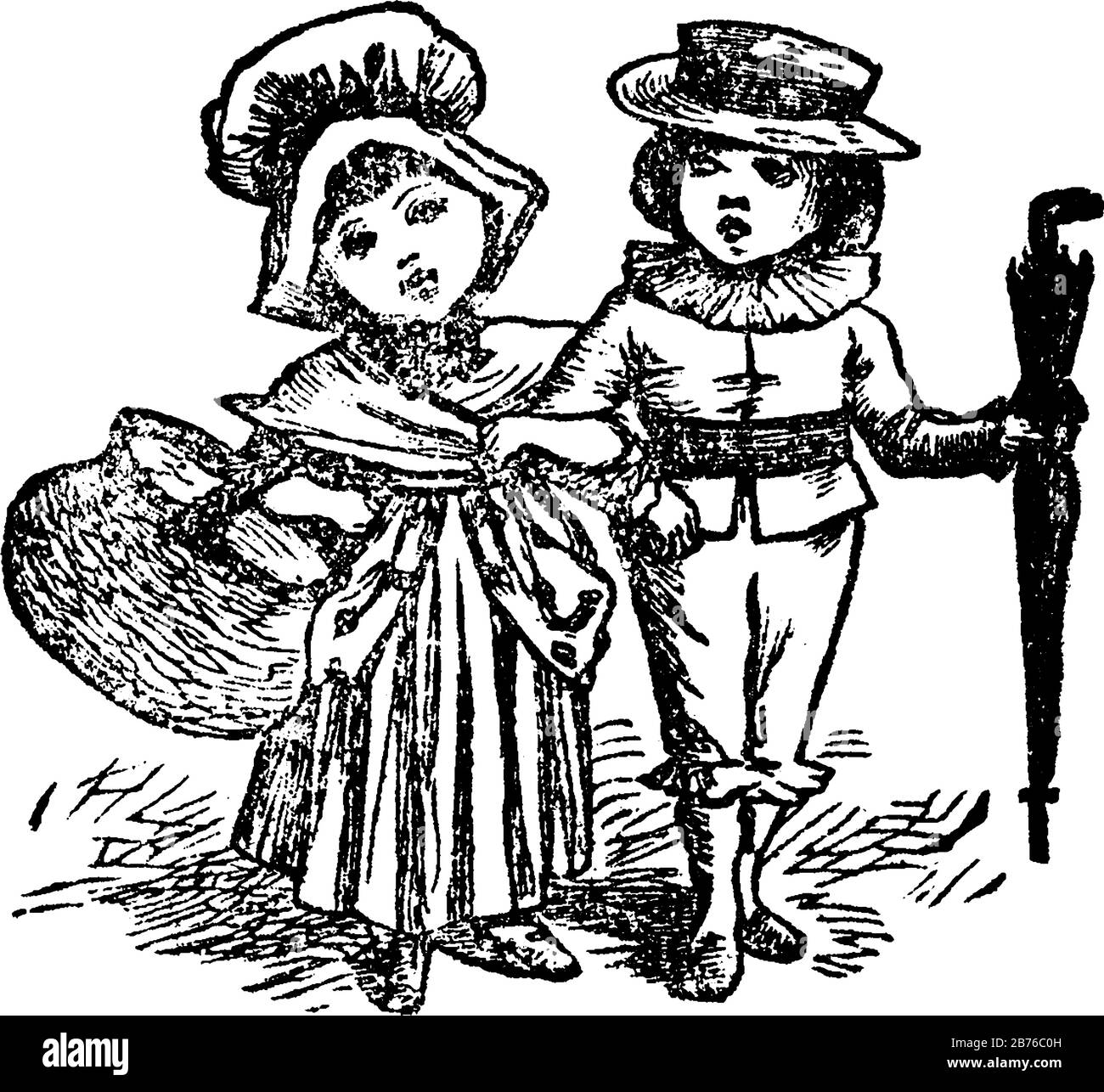 Two children holding hands and walking on road, a child holding basket in one hand and another child holding umbrella in hand, vintage line drawing or Stock Vector
