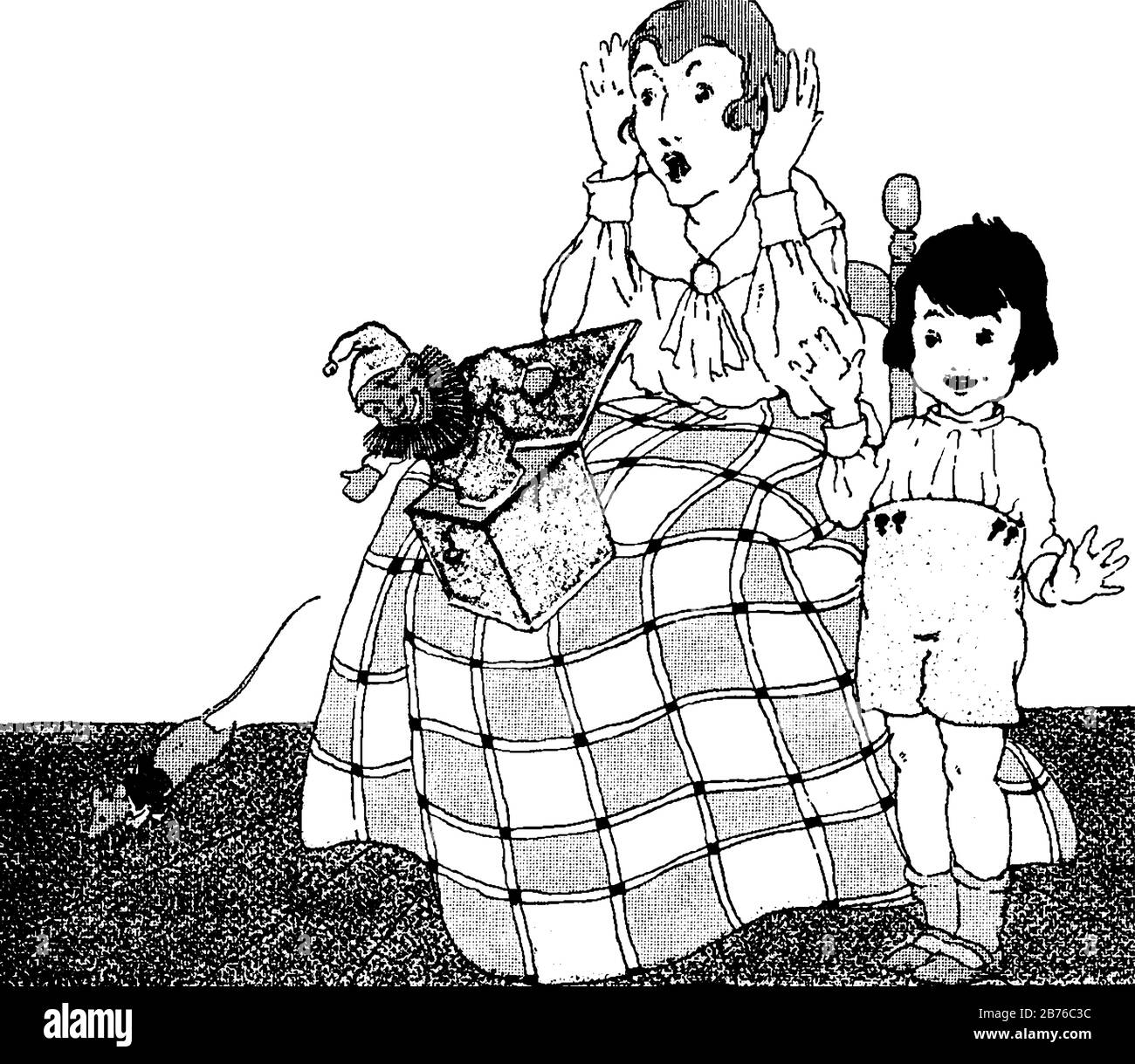 A female sitting on chair and child standing near her, mouse and joker came out from box which kept on her lap, she gets scared, vintage line drawing Stock Vector