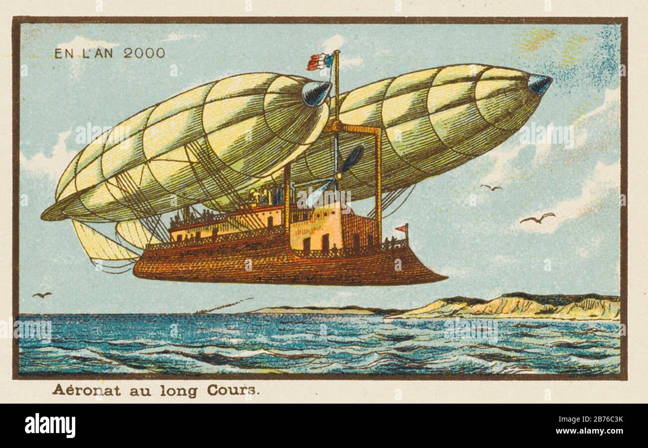AN AIRSHIP IN THE YEAR 2000. One of a series of futuristic illustrations produced in late 19th century France. Stock Photo