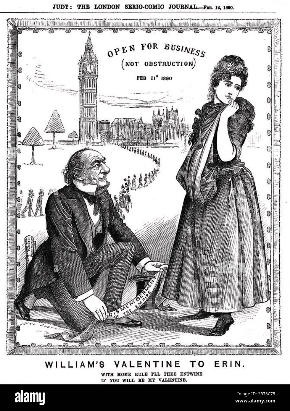 IRISH HOME RULE  1890 cartoon showing Gladstone offering Erin (Ireland) the prospect of home rule Stock Photo