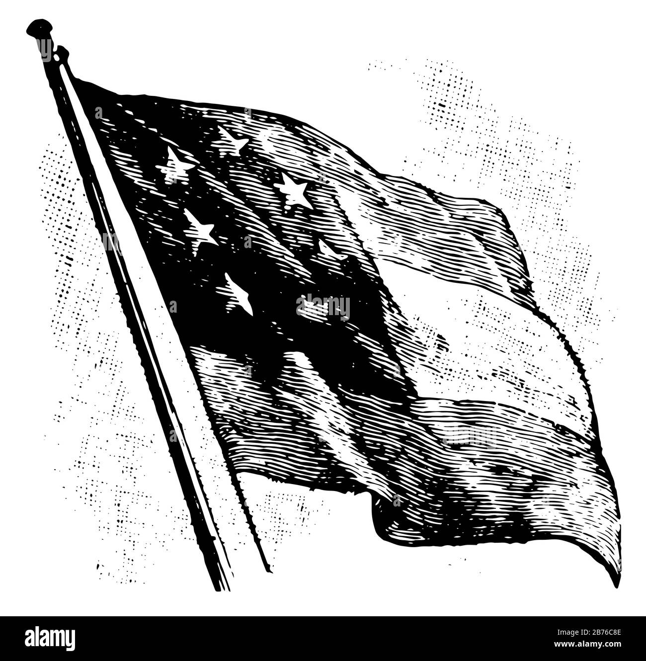 The Confederate Flag on a flag pole, this flag has three horizontal stripes alternating dark and white, top left corner has 7 stars in oval shape, vin Stock Vector