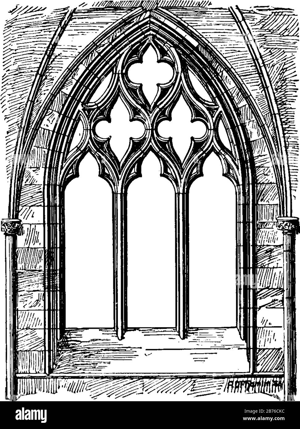 Tracery at Wells Cathedral, number and size of lancets, assemblage a pointed lancet shape, vintage line drawing or engraving illustration Stock Vector