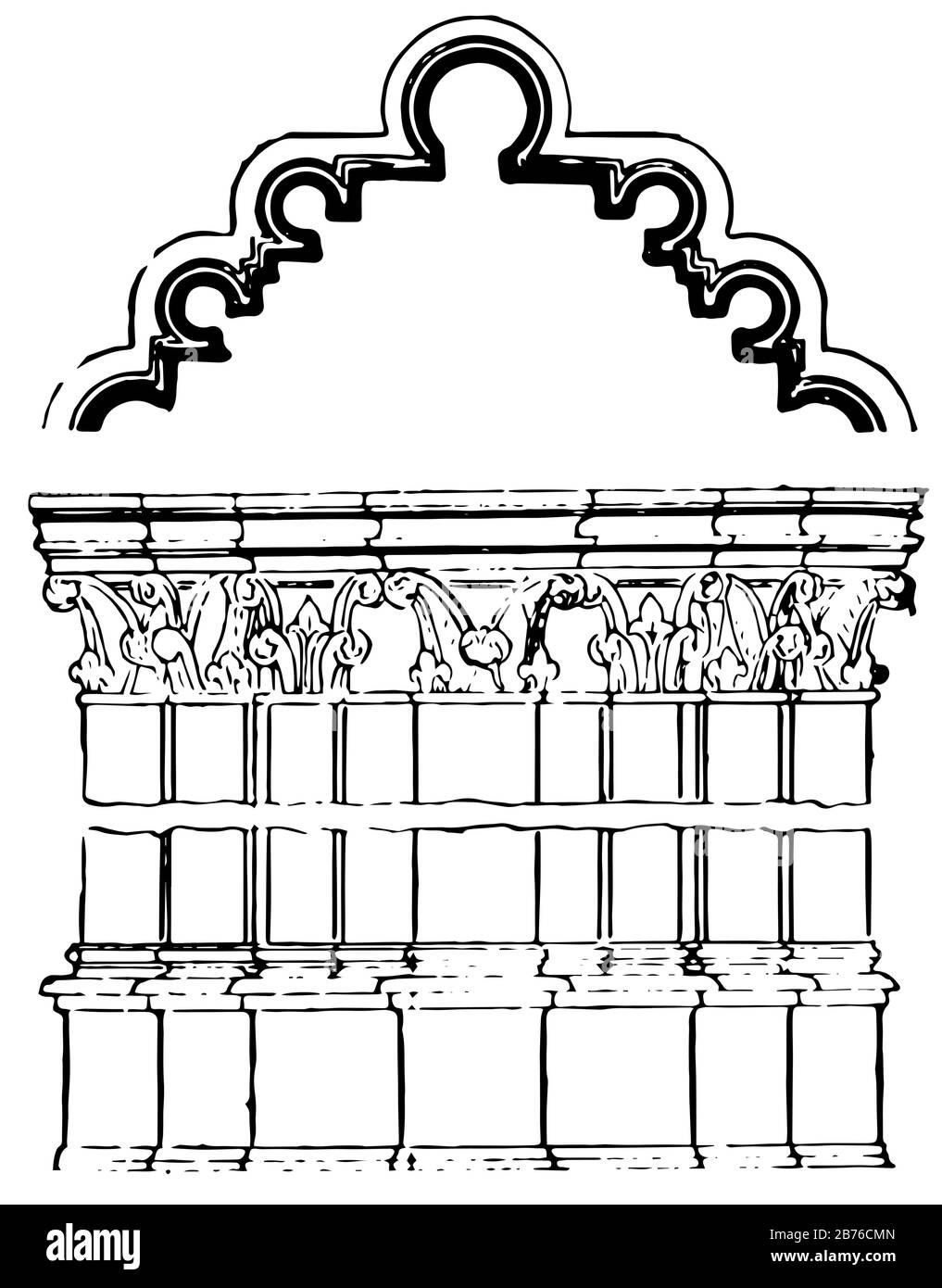 Perpendicular Style, last of the pointed or Gothic styles, also called the Florid style, window, vintage line drawing or engraving illustration. Stock Vector