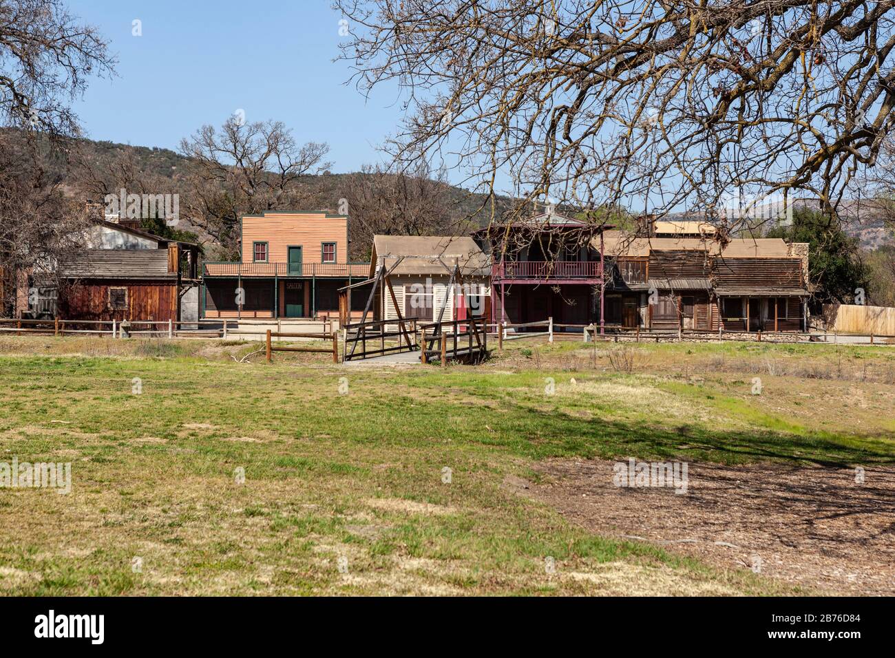 Old historic movie sets owned by US National Park in the Santa Monica Mountains Recreation Area at the Paramount Ranch site near Los Angeles Ca. Stock Photo