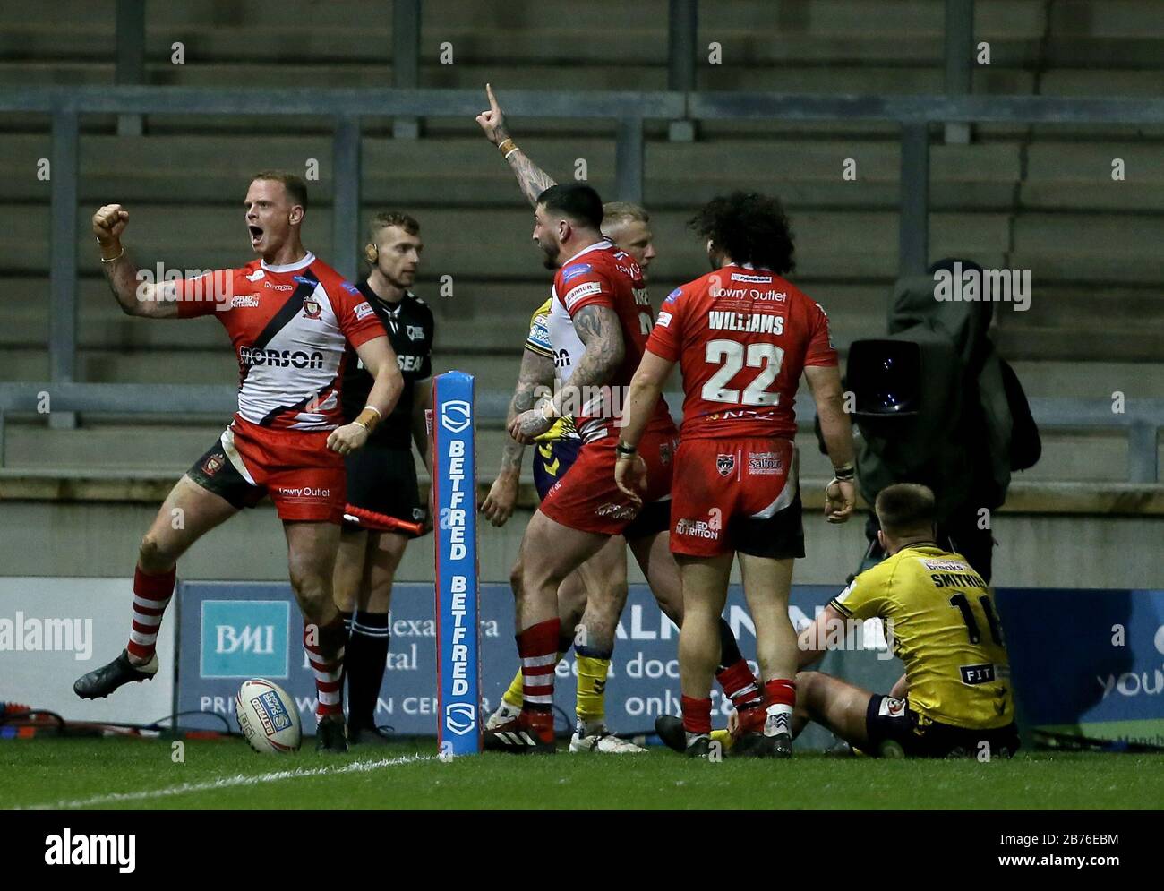 Salford Reds Kevin Brown celebrates the winning try during the Super League match at the AJ Bell Stadium, Salford. Stock Photo