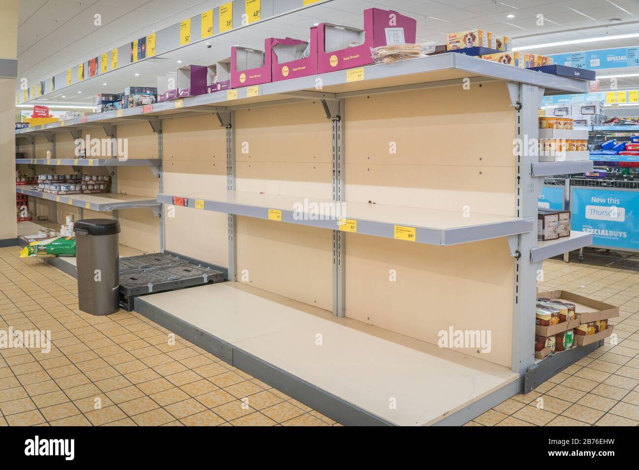Yiewsley, London, UK - March 13, 2020 - empty shelves in Aldi supermarket; people are panic buying in anticipation of coronavirus lockdown Stock Photo