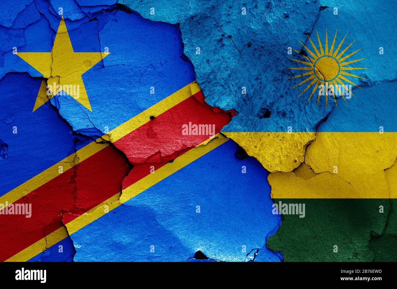 Flags Of Dr Congo And Rwanda Painted On Cracked Wall 2B76EWD 