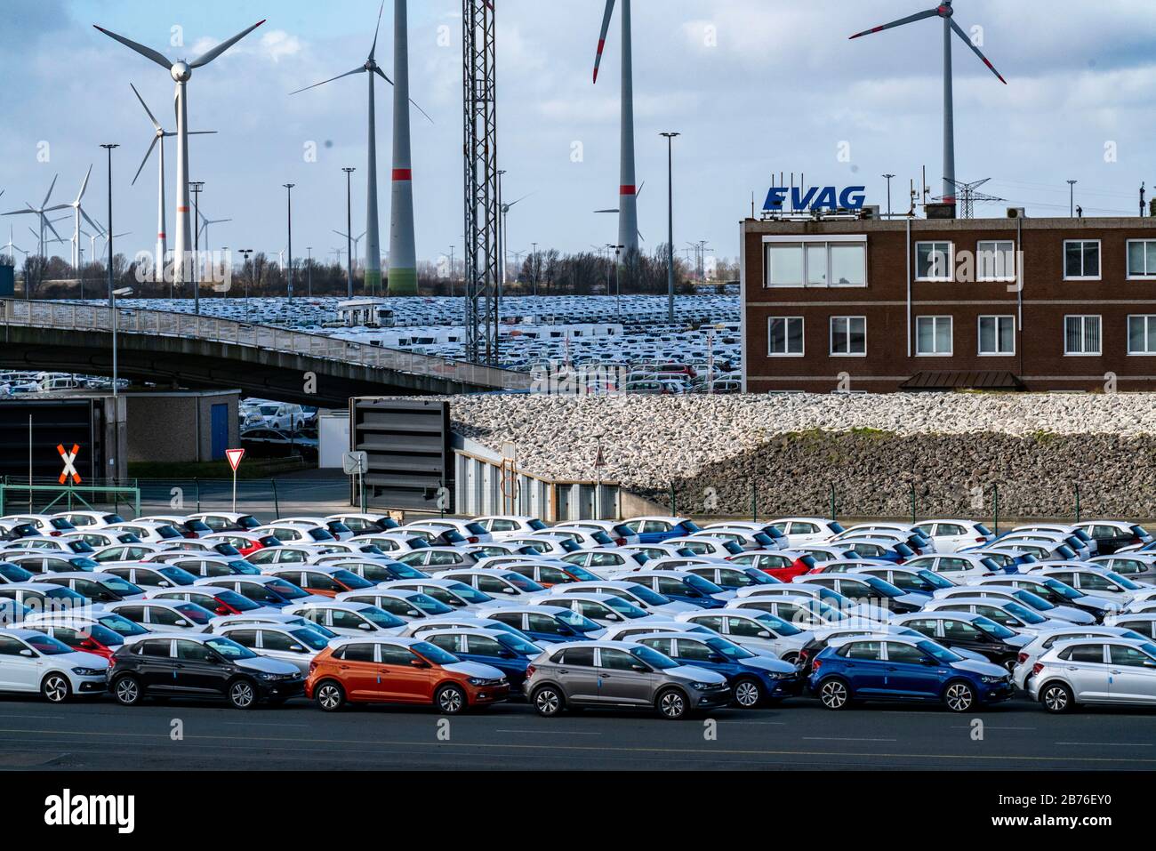 Emden, cars waiting in the port for shipment, VW plant, East Frisia