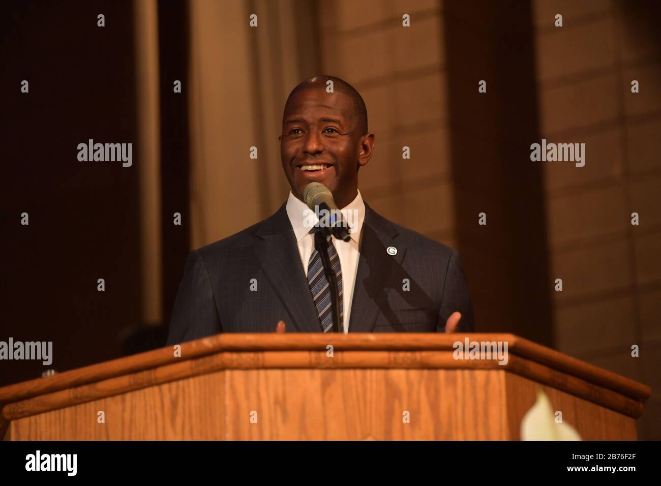 LAUDERHILL, FL - NOVEMBER 11: Mayor Andrew Gillum speaks at New Mount Olive Baptist Church preaching 'Let My People Count Every Vote': Sponsored by Faith in Florida Action Fund and partners. In the front row was Deborah Wasserman Schultz on November 11, 2018 in Lauderhill, Florida. A statewide vote recount is being conducted to determine the races for governor, Senate, and agriculture commissioner.    People:  Andrew Gillum Stock Photo