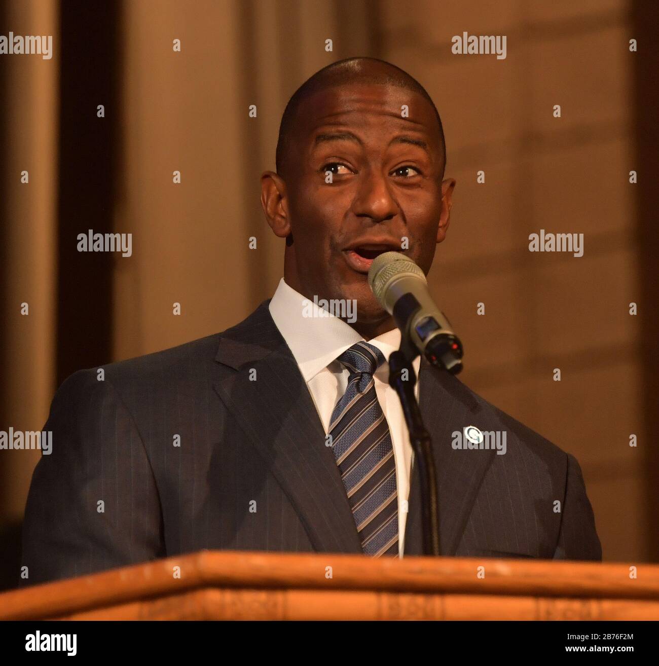 LAUDERHILL, FL - NOVEMBER 11: Mayor Andrew Gillum speaks at New Mount Olive Baptist Church preaching 'Let My People Count Every Vote': Sponsored by Faith in Florida Action Fund and partners. In the front row was Deborah Wasserman Schultz on November 11, 2018 in Lauderhill, Florida. A statewide vote recount is being conducted to determine the races for governor, Senate, and agriculture commissioner.    People:  Andrew Gillum Stock Photo