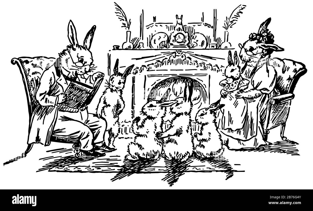 Mr. Bunny's Lecture, this scene shows two rabbits sitting on chairs and ...