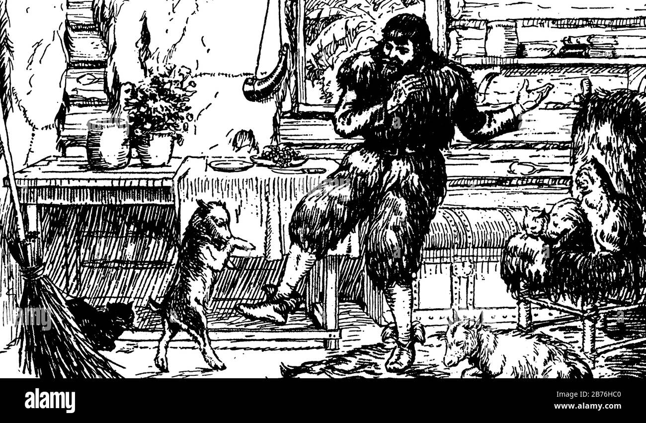 The Adventures of Alexander Selkirk, this scene shows a man teaching something to dog, it also shows two cats and one animal, books and small plants i Stock Vector