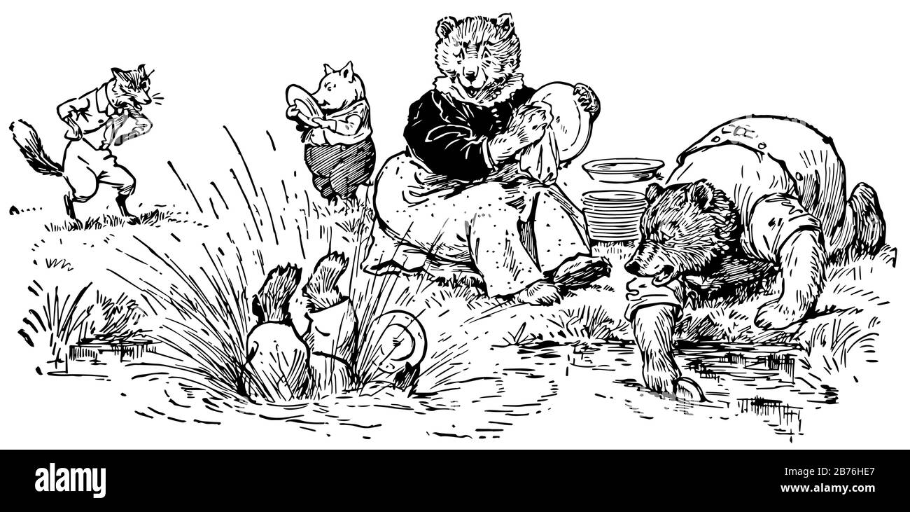 A bear washing plates in the water and another bear cleaning plates with cloth, one animal fell down in the water, other two animals in background, vi Stock Vector