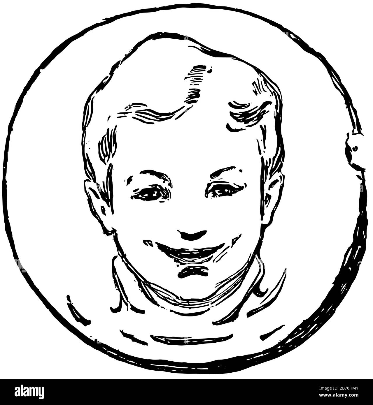 Happy boy smiley face in this picture, vintage line drawing or engraving illustration. Stock Vector